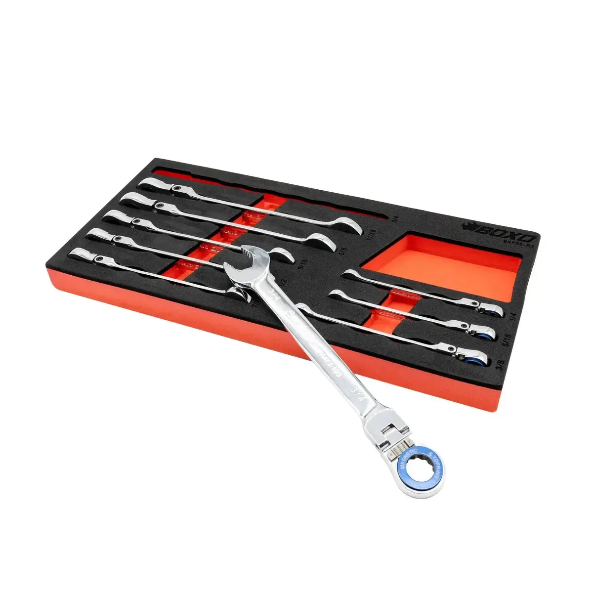 9-Piece Flex Head 100T SAE Ratcheting Combination Wrench Set with Magnetic Stop Ring and Grip Open End | 1/3rd EVA Foam - Image 4