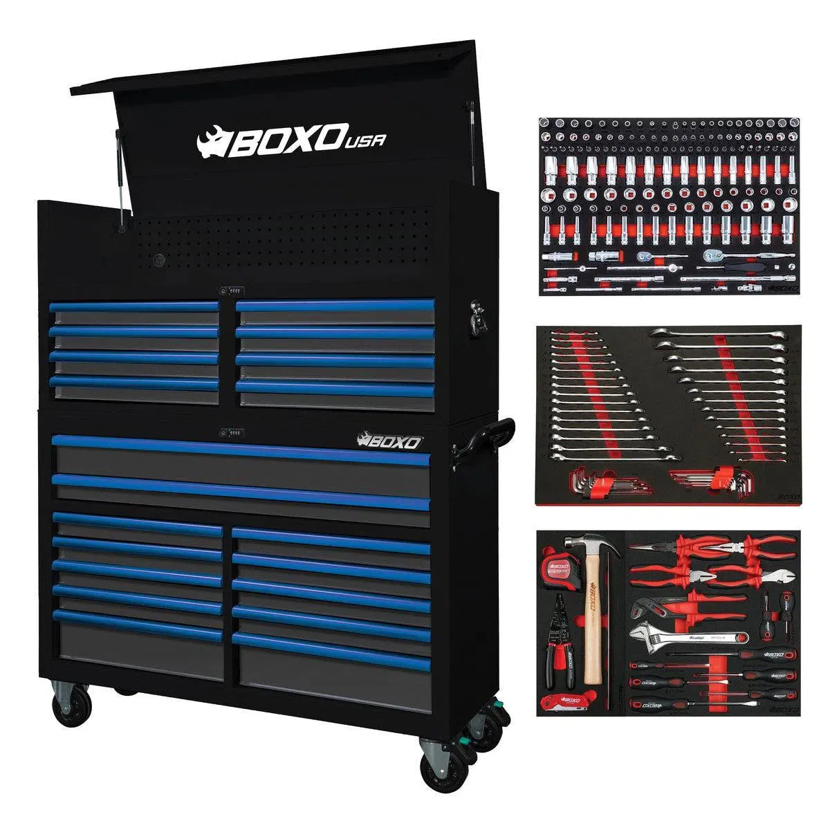 Pro Series | 53" 20-Drawer Rolling Tool Box with 222-Piece Master Tool Set | Black and Blue