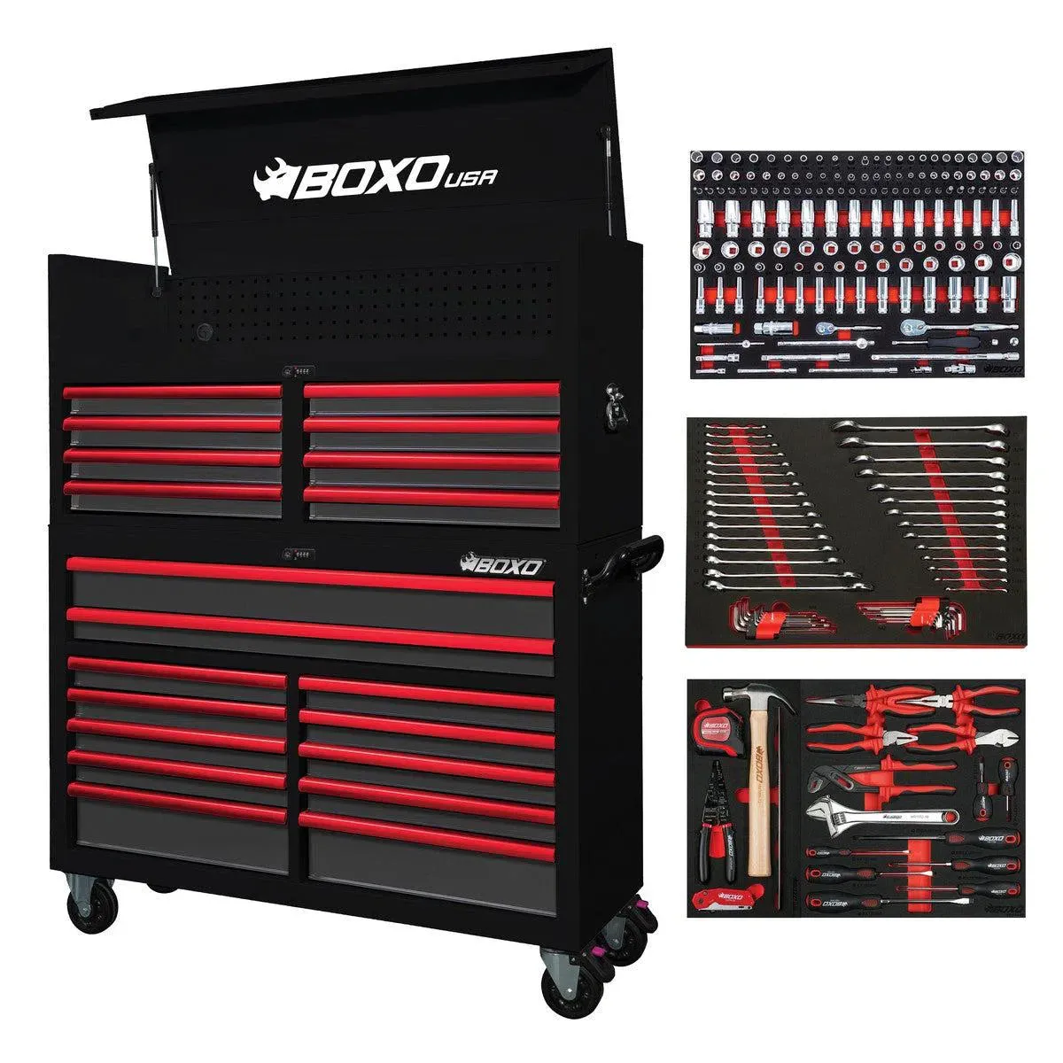 Pro Series | 53" 20-Drawer Rolling Tool Box with 222-Piece Master Tool Set | Black and Red