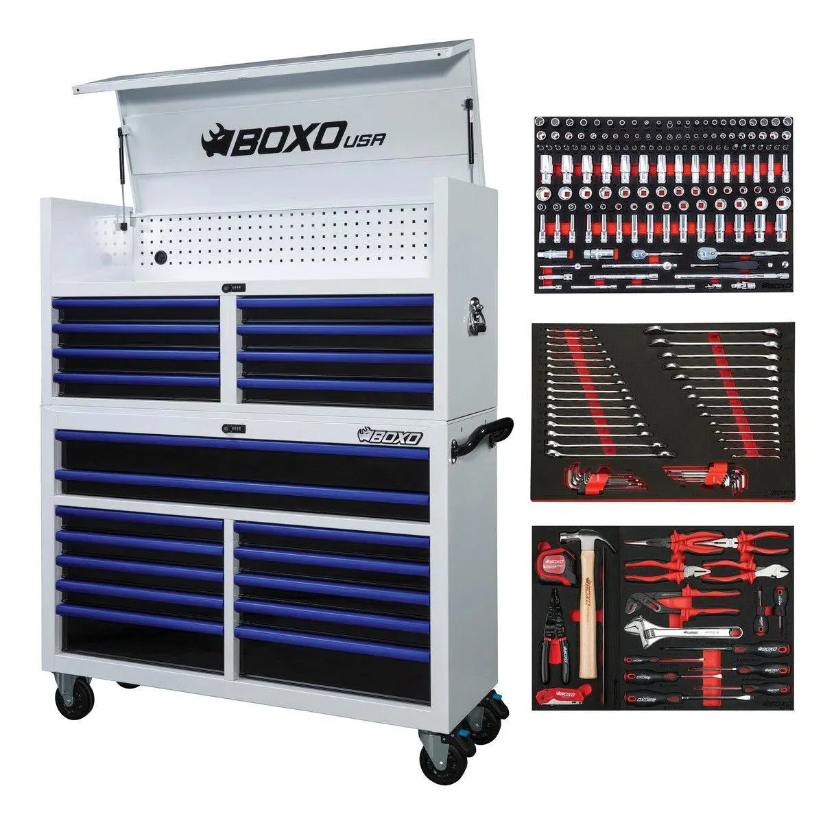 Pro Series | 53" 20-Drawer Rolling Tool Box with 222-Piece Master Tool Set | White and Blue